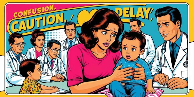 A mother sitting across from institutional figures offering confusion and delay