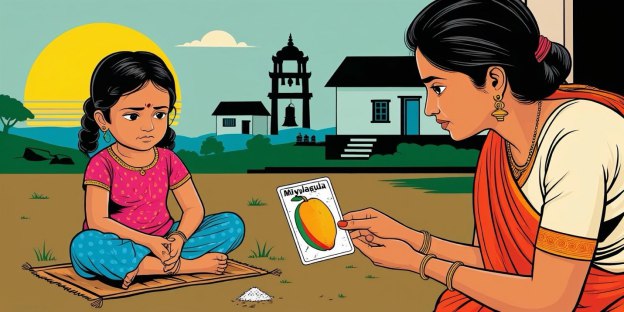 Mother showing mango flashcard to child - the beginning of Pinnacle's autism care journey