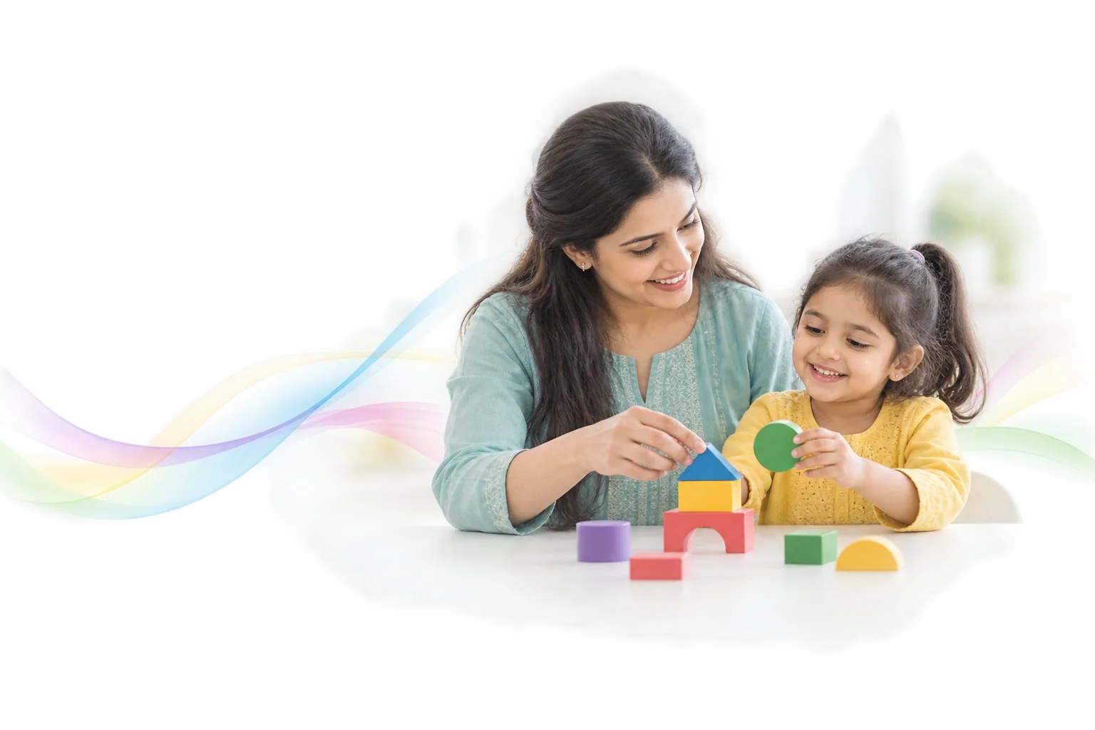 Pinnacle family artwork: a mother and child sharing a joyful moment of learning through play