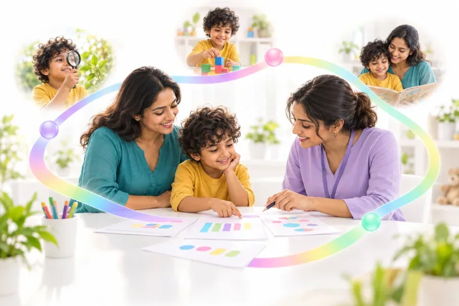 Illustrative scene of a family and practitioner reviewing a developmental plan