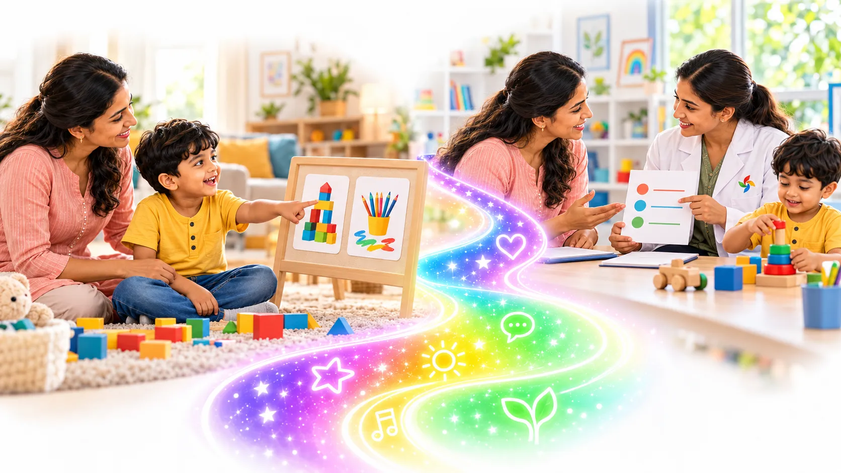 A mother observes her child choosing an activity at home, then discusses the observation with a white-coated professional while her child plays nearby.