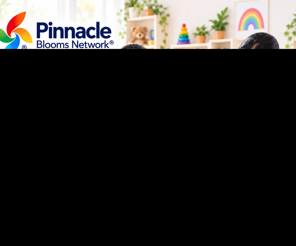 Pinnacle Blooms Network ABA Therapy for Children poster showing an Indian child choosing a play activity with his mother and a behavioural-support professional in a full-sleeve white Pinnacle coat. Communication, everyday skills and participation lead to a first conversation, assessment and centre search. Call 9100 181 181.