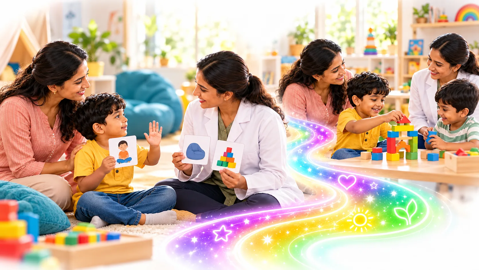 A child communicates a need for a pause while his mother and a white-coated professional respond, then chooses a play activity with a peer.