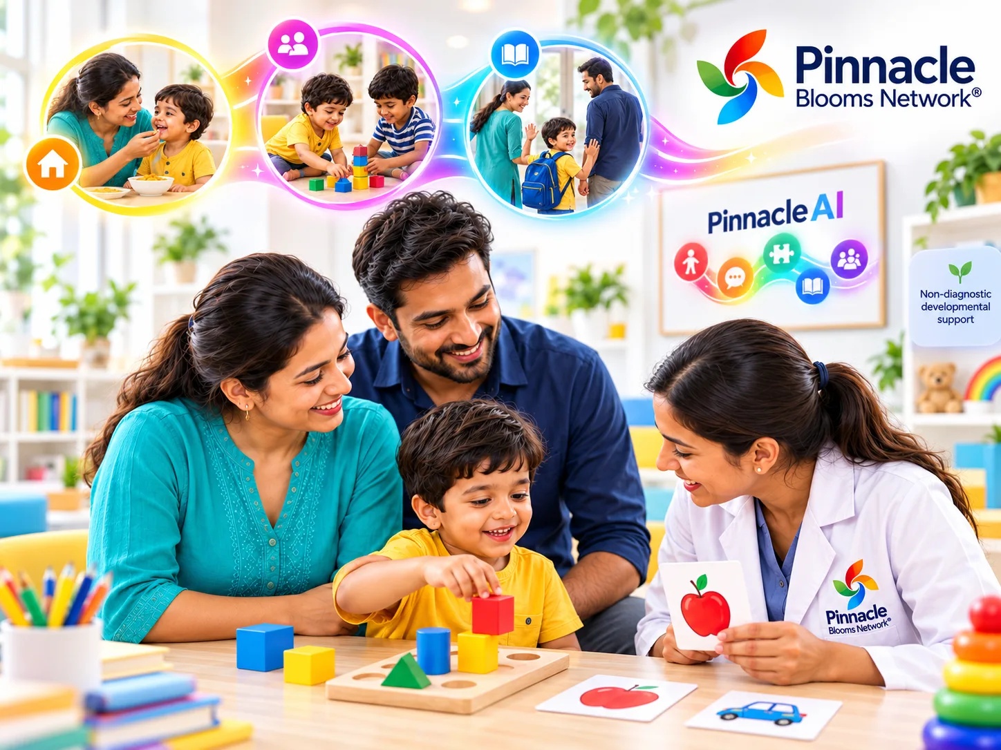 An Indian child explores a block with his mother, father and a Pinnacle-branded child-development professional; illustrated home, play and school possibilities surround the conversation.