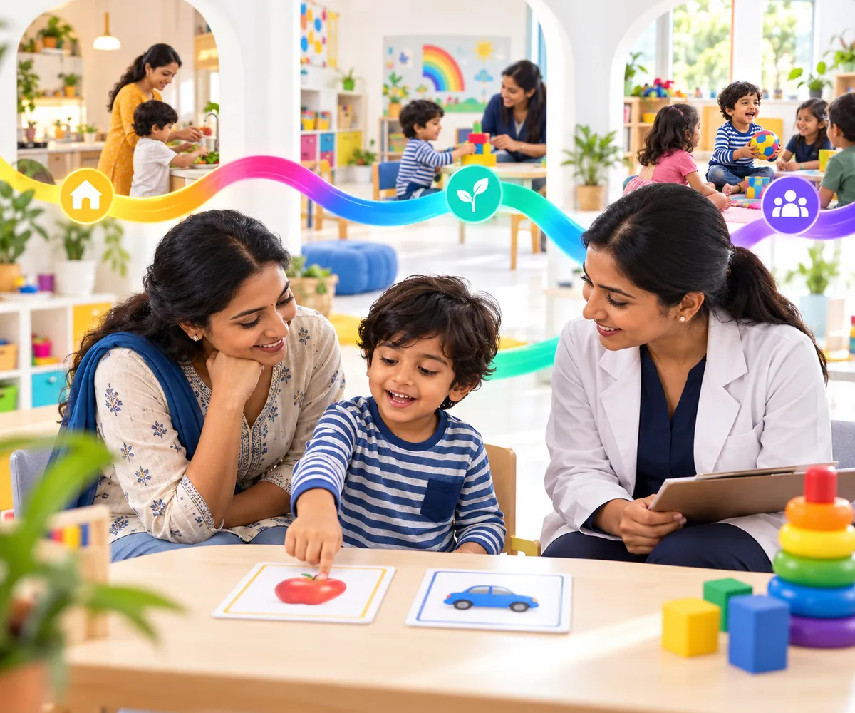 An Indian child makes a picture-card choice while his mother and a child-development professional listen; a colourful path connects home and participation with peers.