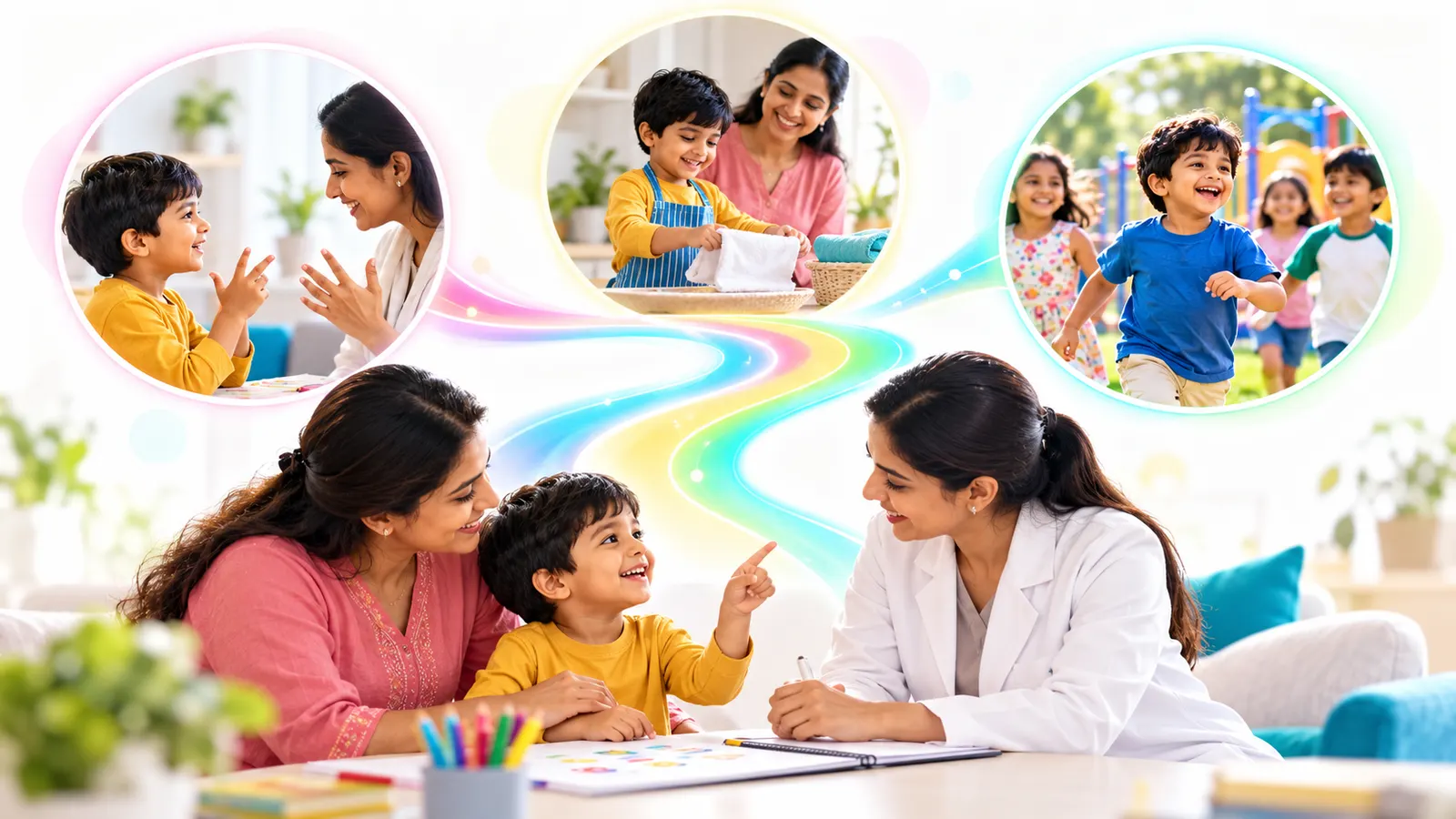 An Indian child, mother and child-development professional consider one goal; a luminous path shows possible communication, home-routine and peer-play moments.