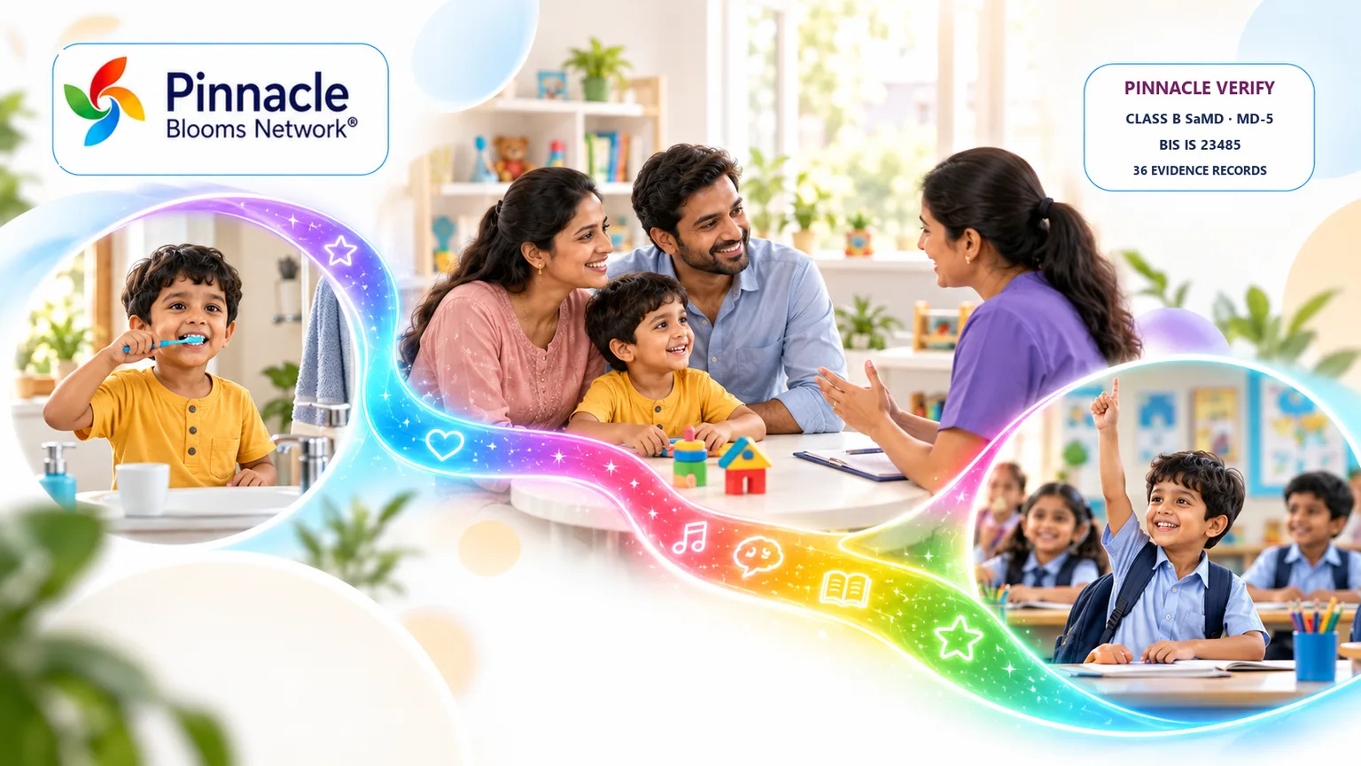 An Indian mother, father and child speaking with a child-development professional, connected to everyday home routines and school participation.