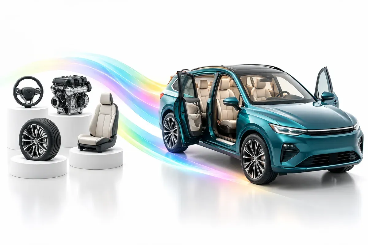 A completed car beside individual components, illustrating how specialised work serves a shared purpose.