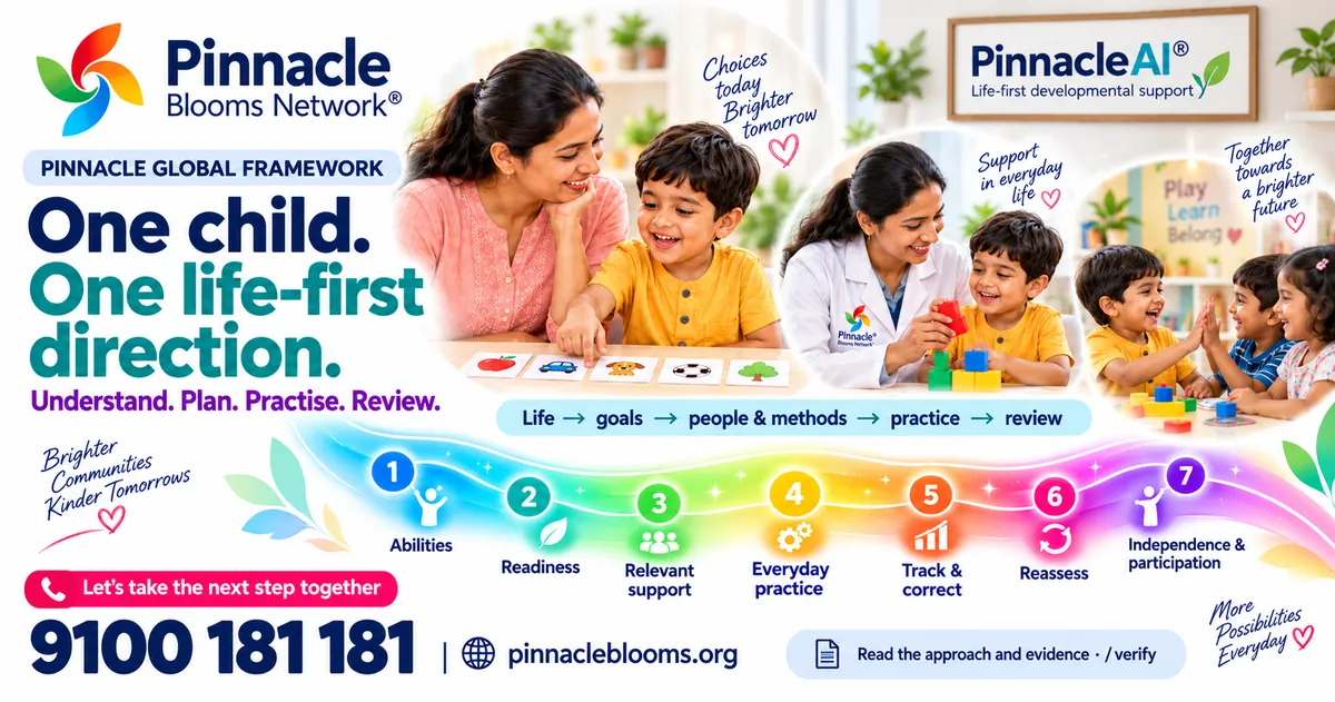 Complete Pinnacle Global Framework creative with family and professional vignettes, a life-to-review diagram, seven numbered stages and 9100 181 181.