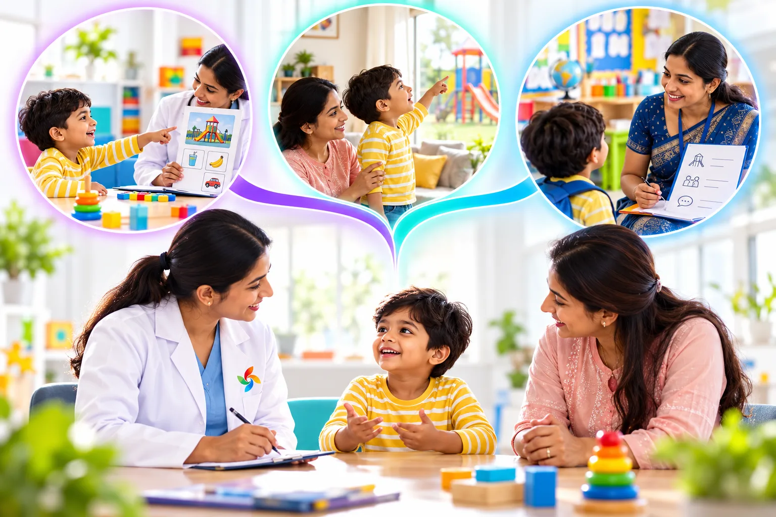 Illustrated therapy, home and school observations converging in a family and professional review, with a child at play.