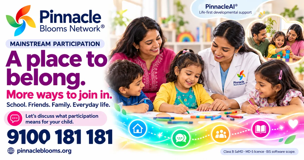 Pinnacle-branded illustrative creative showing a child joining drawing with peers, family play, a branded professional and 9100 181 181.