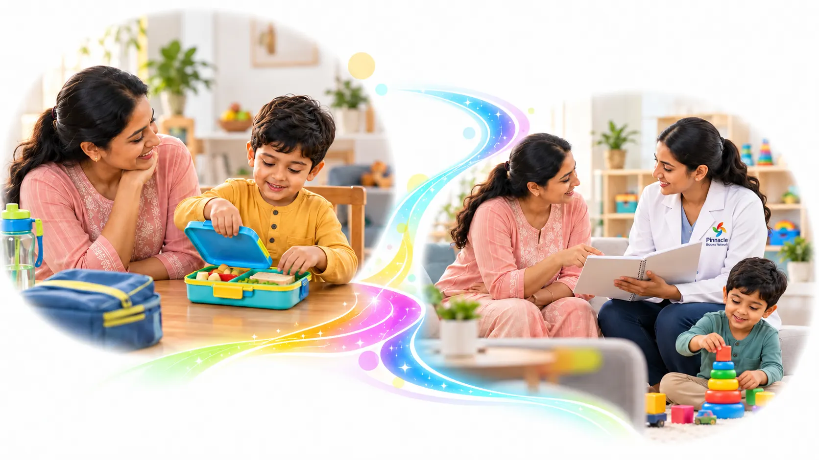 A mother watches her child practise a familiar activity at home, then discusses observations with an occupational therapist while her child plays nearby.