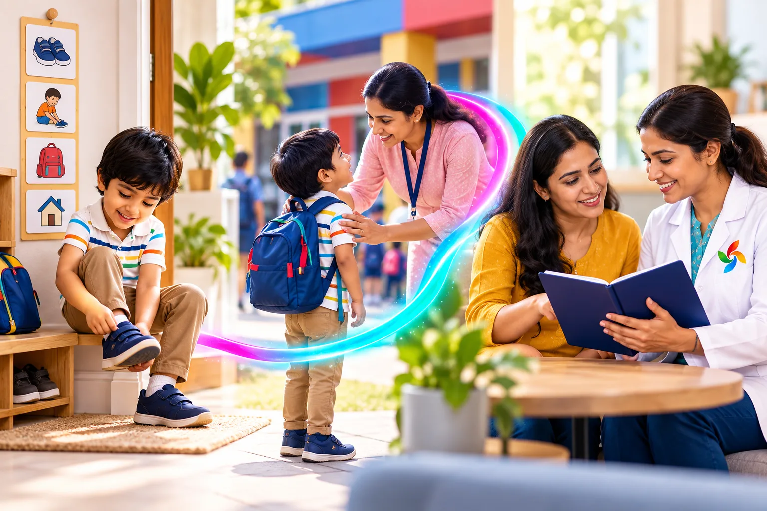 Illustrated child practising shoes at home and preparing for school while a parent and Pinnacle professional review relevant context.