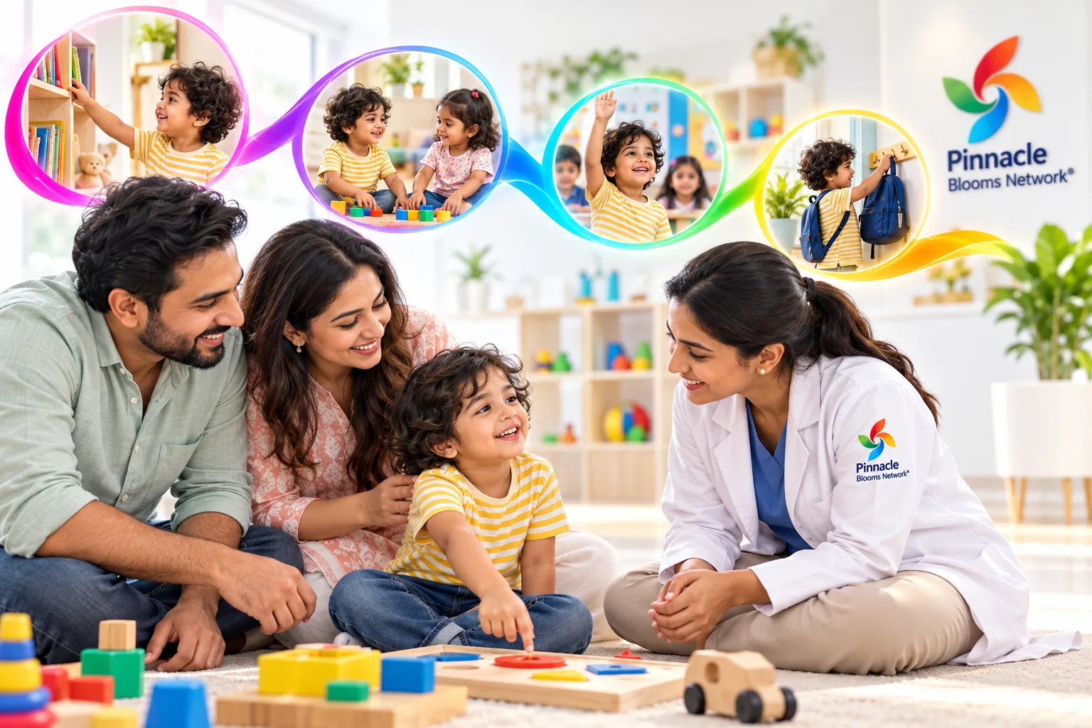 Illustrated Indian child and family with a Pinnacle professional and a colourful pathway through home, play and school.