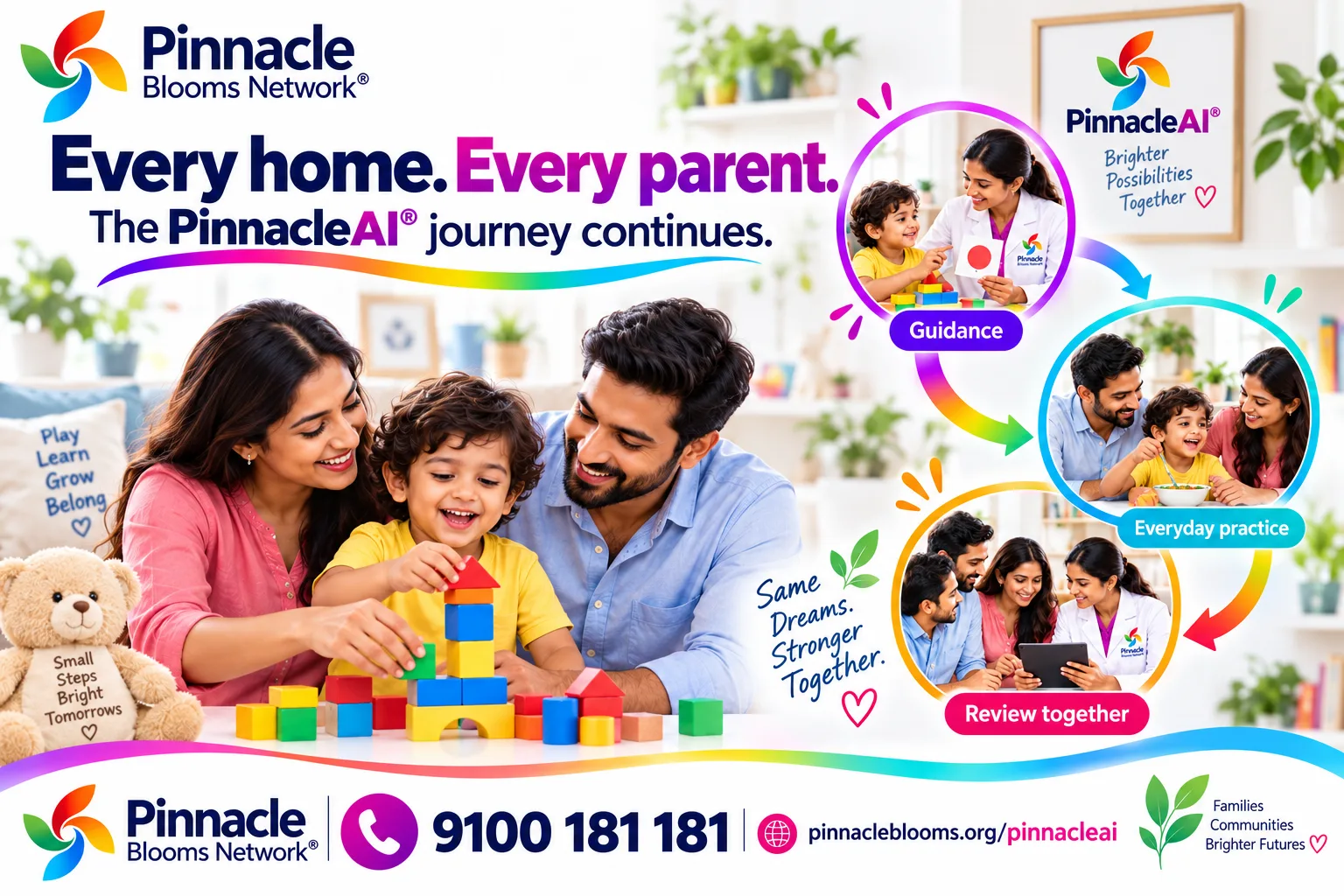 PinnacleAI illustrated family scene connecting everyday practice at home with professional support and the child’s wider life.