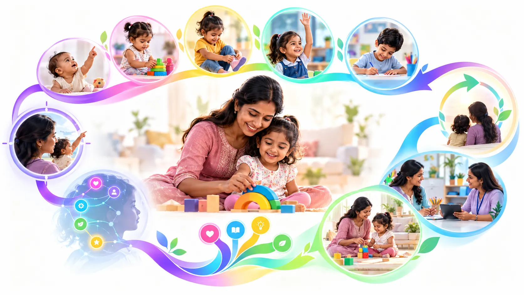 Illustrated child and family pathway connecting home, professional guidance, play and school participation.