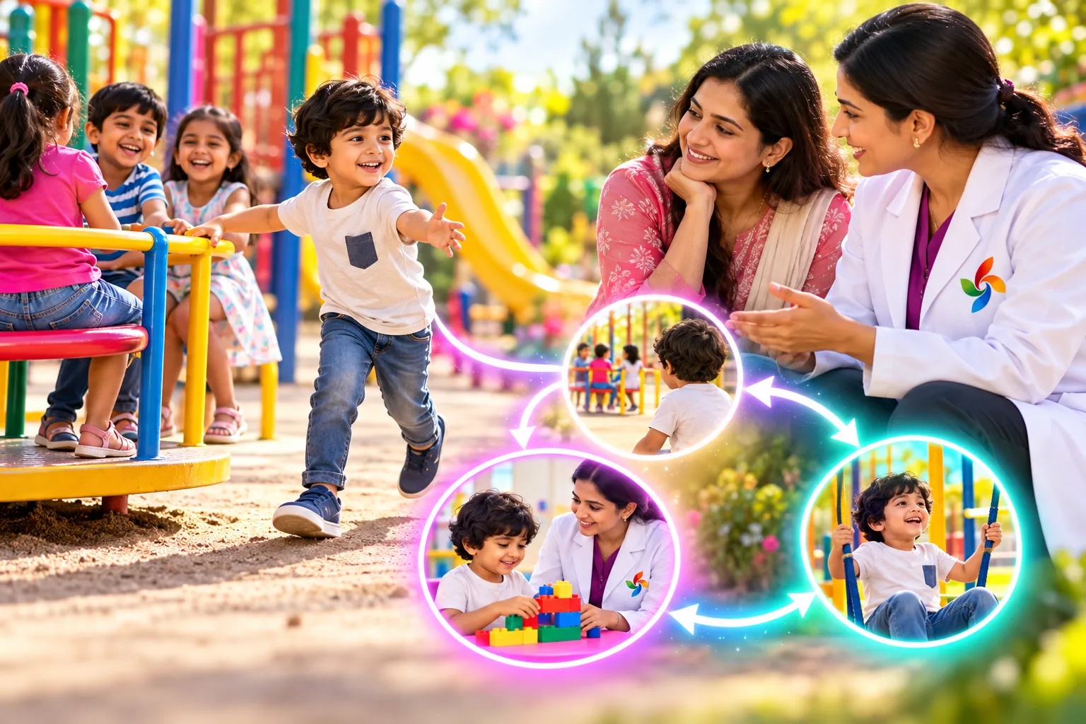 Illustrated child at a playground with family and Pinnacle professional, showing a flexible branching pathway to the next supported step.