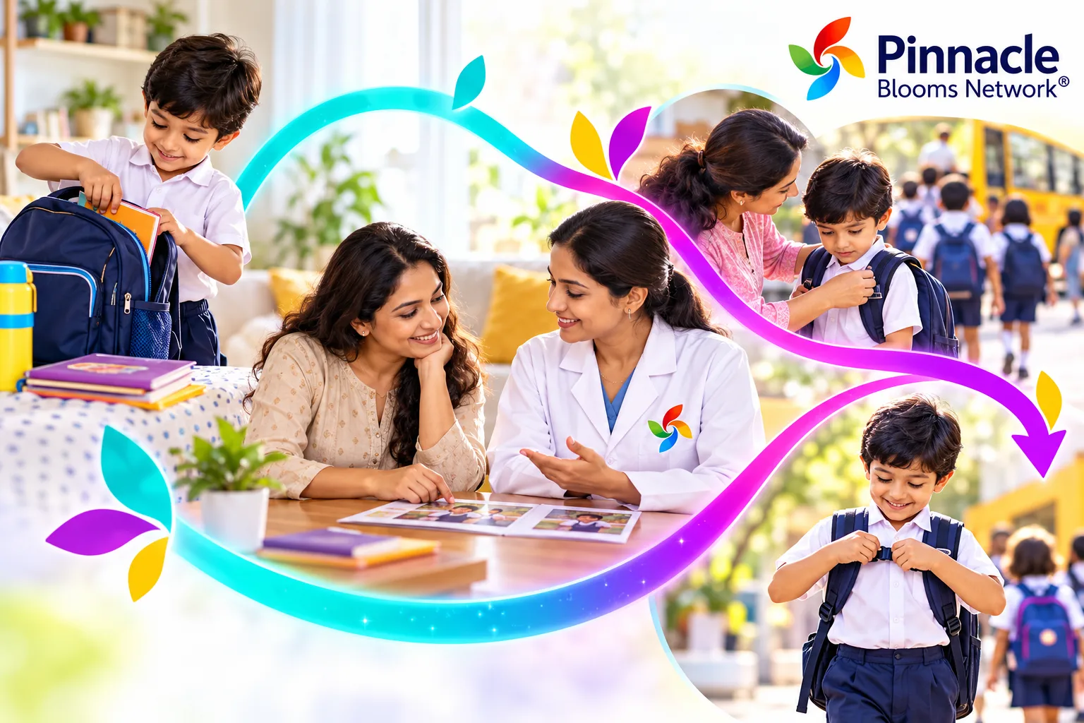 Illustrated child packing a school bag at home and at a busy school entrance while family and Pinnacle professional review what changed.