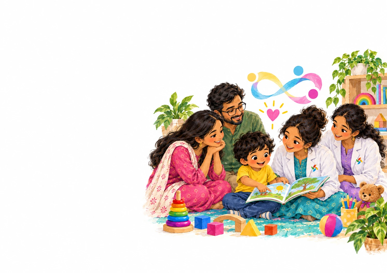 Illustration of a family and two caring professionals sharing a book