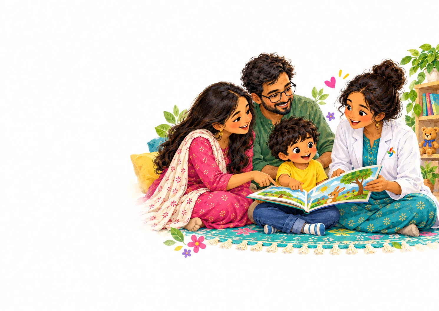 Illustration of a family sharing a colourful book