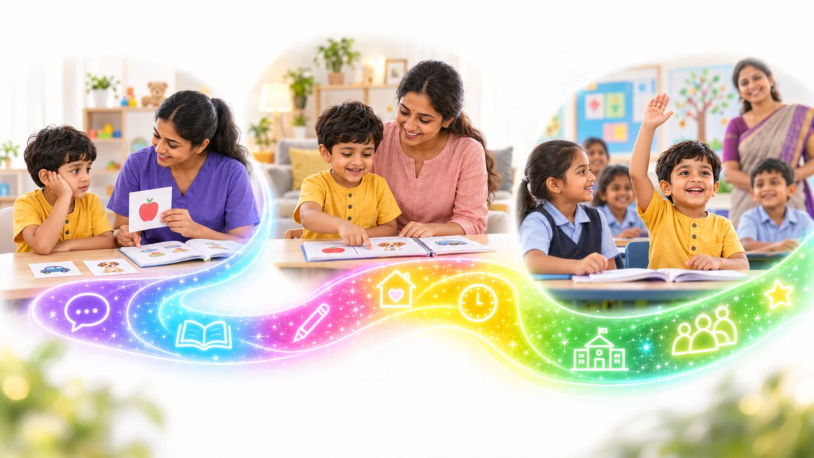 Illustrative scenes of a child learning with individual support, sharing a picture activity with a parent at home, and participating beside classmates and a teacher.