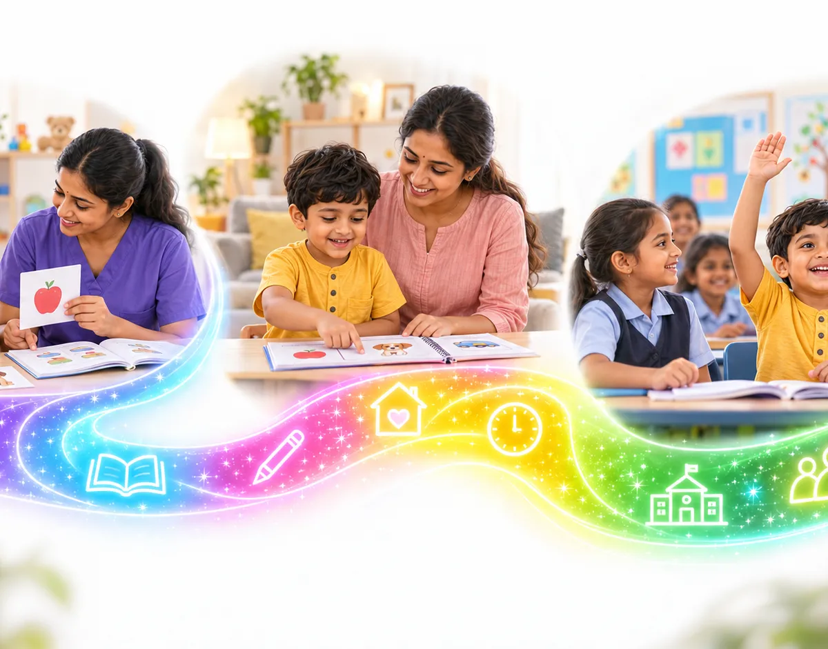 An Indian child works with a special educator, practises a learning routine with family and participates in an inclusive classroom, connected by a colourful developmental pathway.