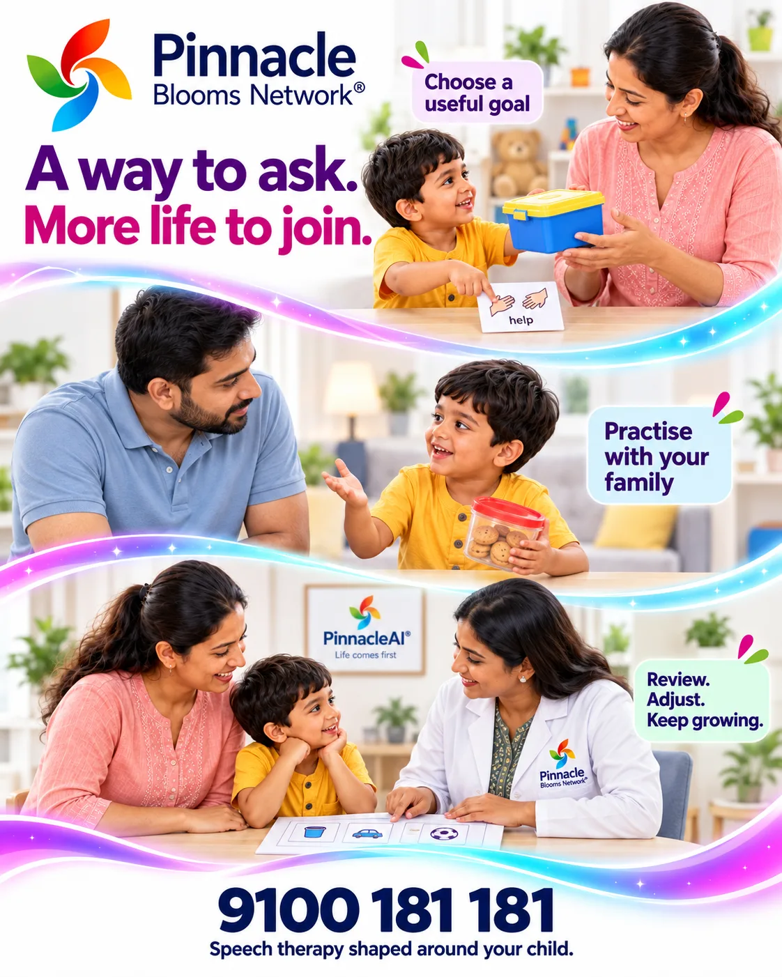 Pinnacle-branded illustrative sequence: a child asks for help with a toy box, practises with family, and joins a parent and speech professional to review the next step.