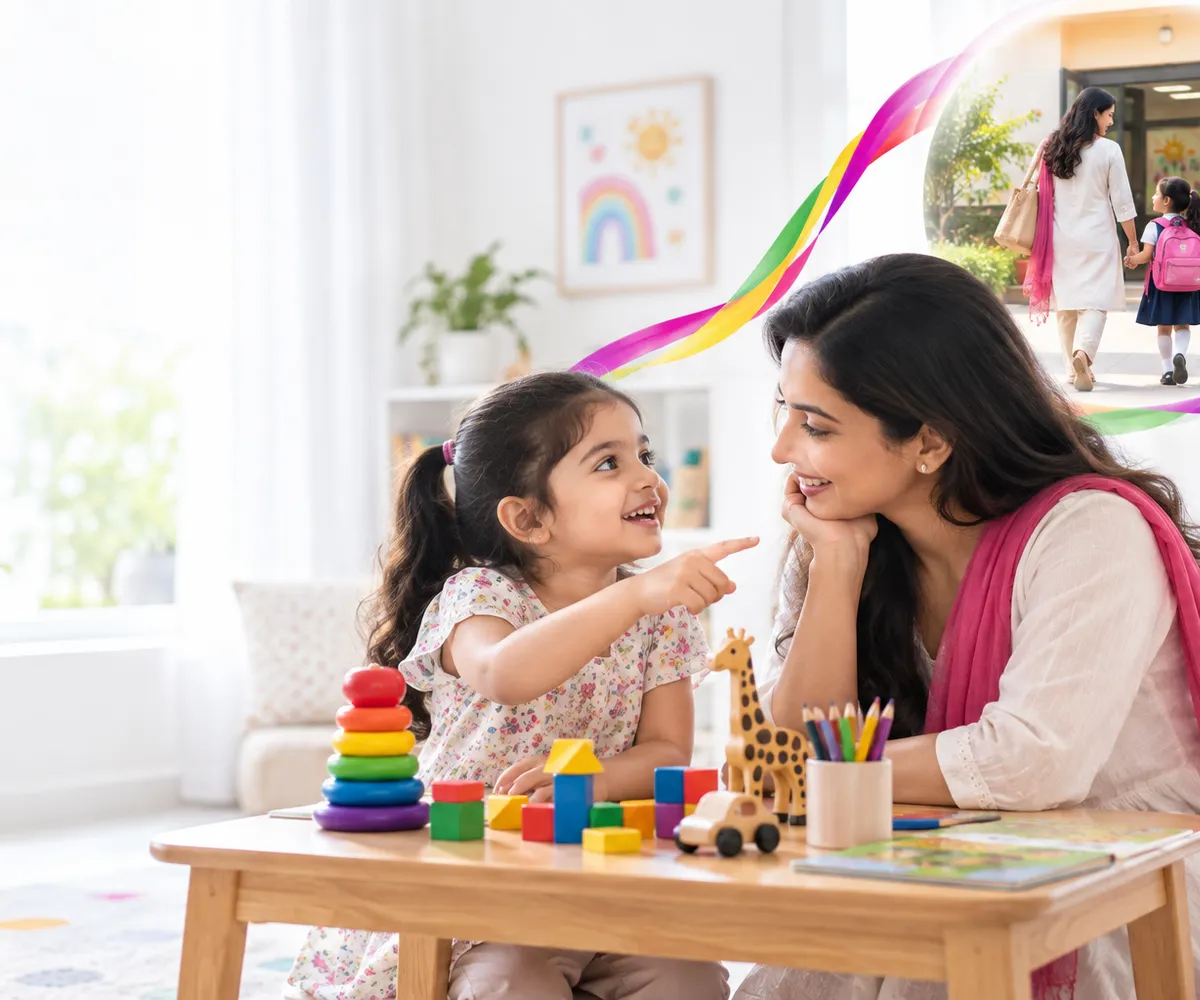Illustrative scene of a mother listening as her child points during play, with a school participation vignette.