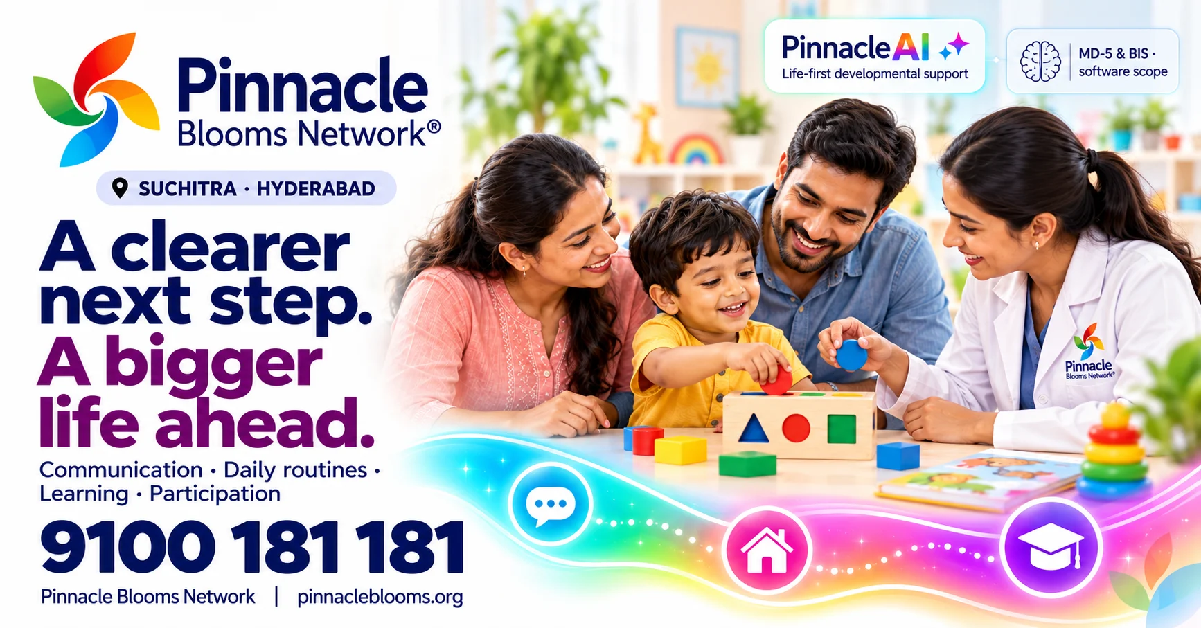 Illustrative family and Pinnacle professional sharing a block activity; a flowing pathway connects communication, home and learning.