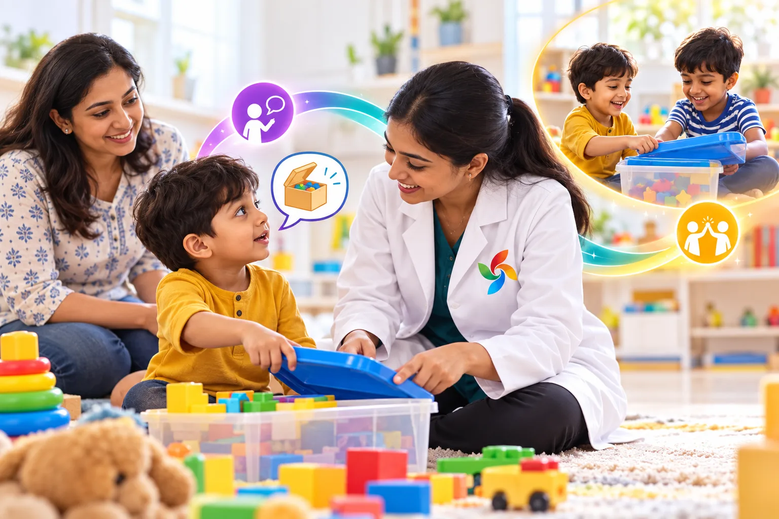 Illustrated child seeking help to open a play box while a Pinnacle professional chooses an activity and the family observes peer play.