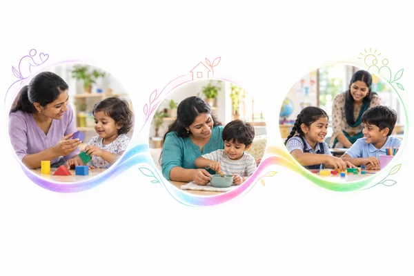 पेशेवर सहयोग, घर पर माता-पिता के साथ अभ्यास और कक्षा में भागीदारी को जोड़ते कल्पनात्मक दृश्य।