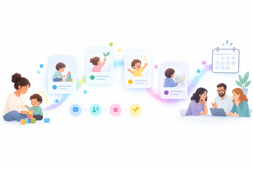 Illustration connecting daily observations, developmental activities and a team reviewing a child’s plan.
