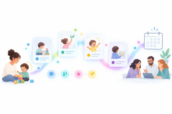 Illustration connecting a child’s everyday observations with records reviewed over time.