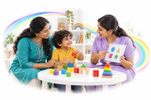 Illustrative scene of a parent discussing a developmental assessment.