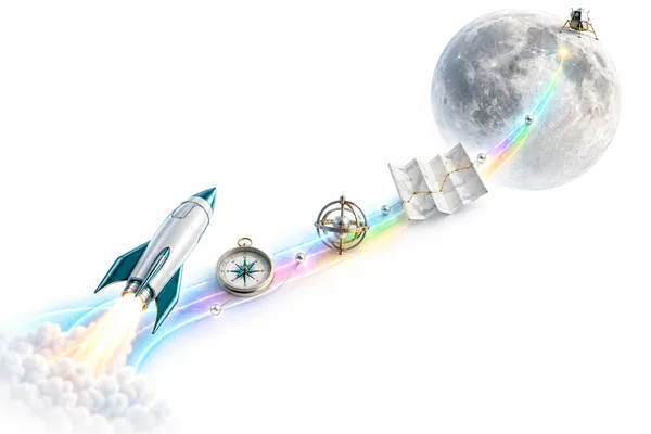 A rocket, a luminous flight path and the Moon illustrate a mission that determines the means.