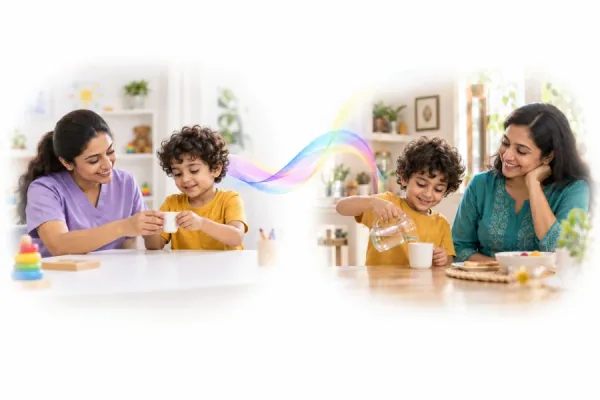 An adult and child practise together, illustrating an ability being used in a meaningful interaction.