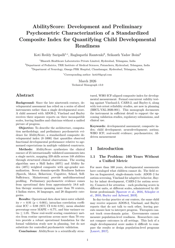 Original publication cover: AbilityScore: Development and Preliminary Psychometric Characterization of a Standardized Composite Index for Quantifying Child Developmental Readiness
