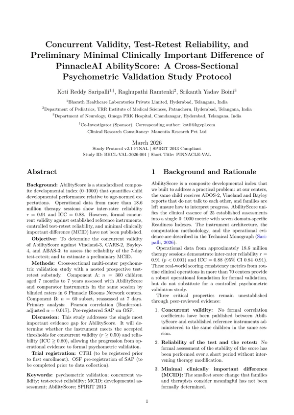Original publication cover: Concurrent Validity, Test-Retest Reliability, and Preliminary Minimal Clinically Important Difference of PinnacleAI AbilityScore: A Cross-Sectional Psychometric Validation Study Protocol