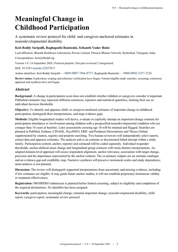 Original publication cover: Meaningful Change in Childhood Participation: A Systematic Review Protocol for Child- and Caregiver-Anchored Estimates in Neurodevelopmental Disability