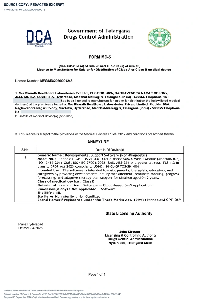 Preview of the redacted original Indian MD-5 licence for Bharath Healthcare Laboratories.